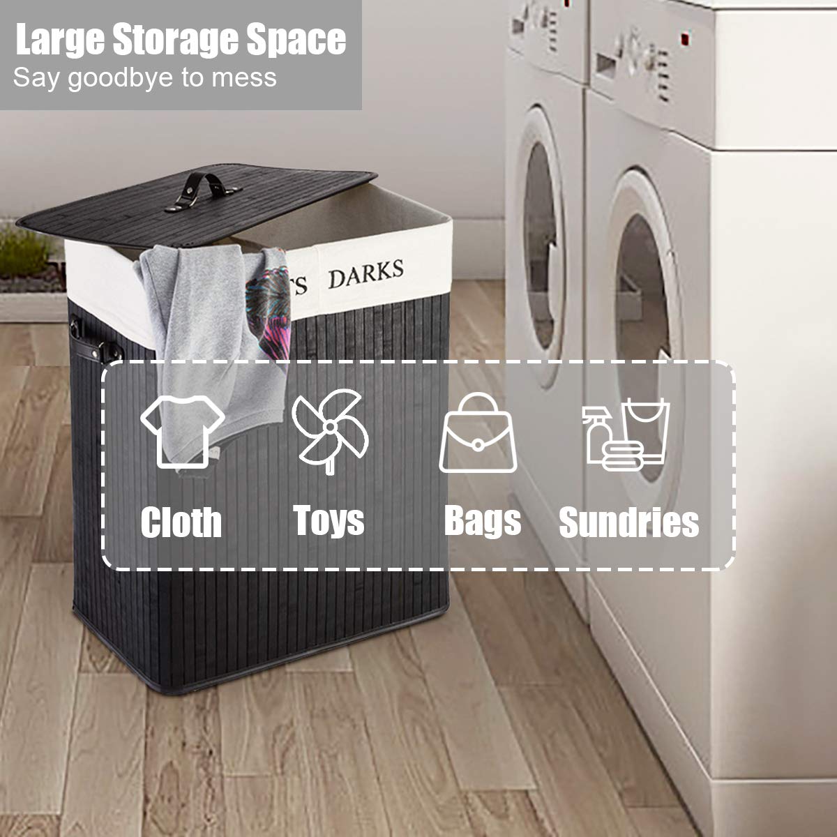 Giantex Double Laundry Hamper Bamboo Foldable Rectangle Hamper with Lid