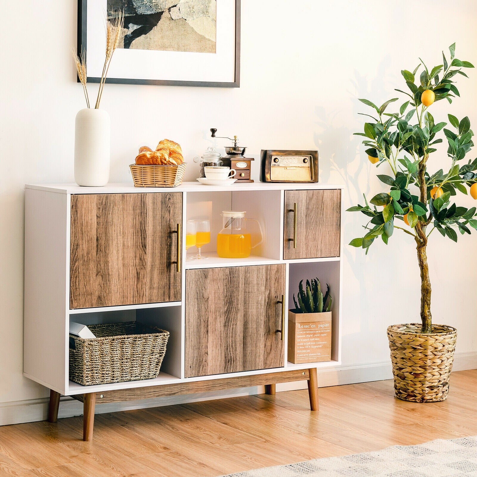 Sideboard Storage Cabinet W/Storage Compartments, Doors and Wood Legs