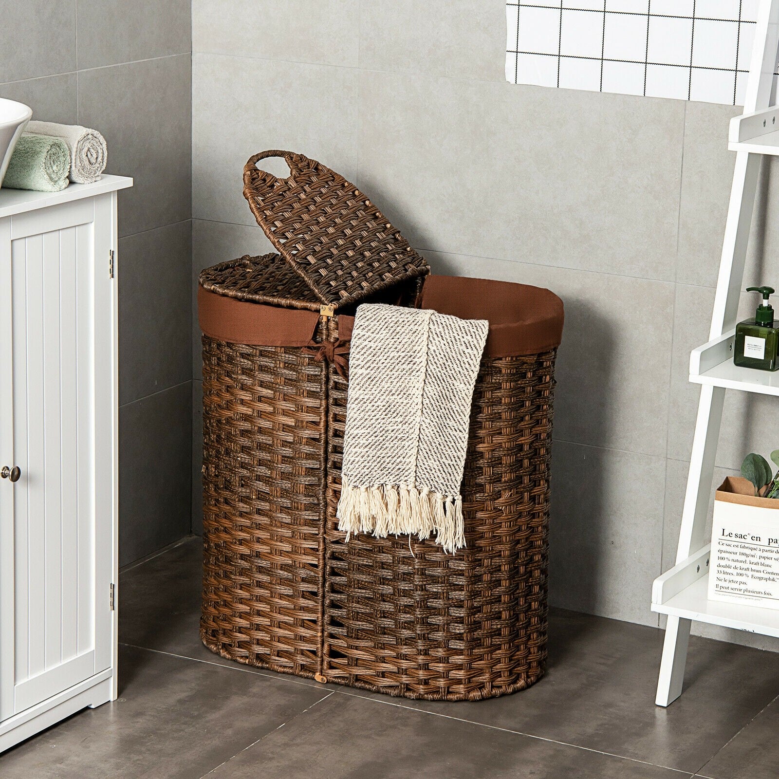 Hand-Woven Double Laundry Hamper with Lid
