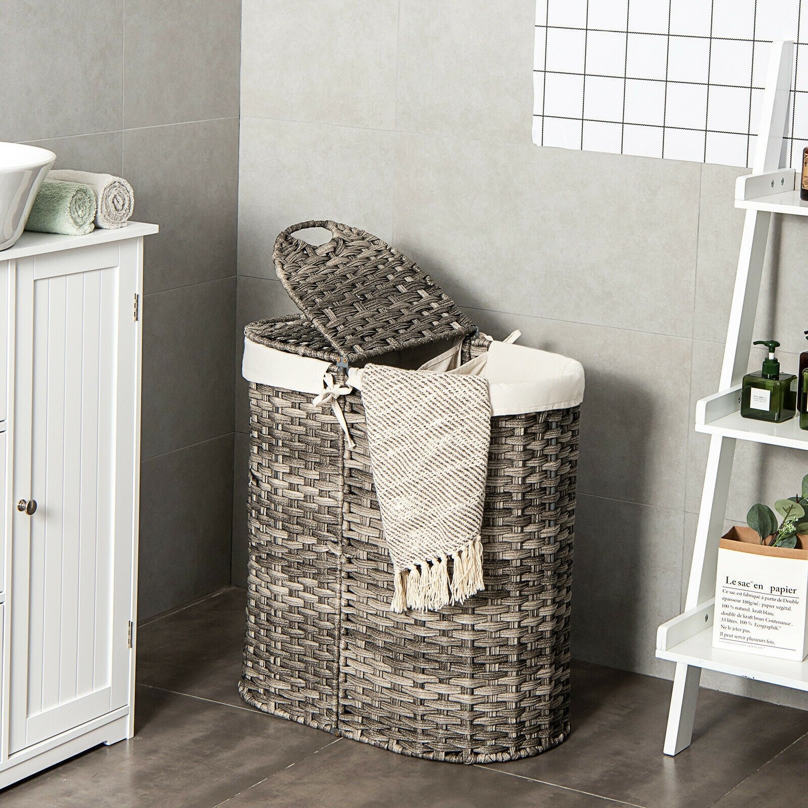 Hand-Woven Double Laundry Hamper with Lid