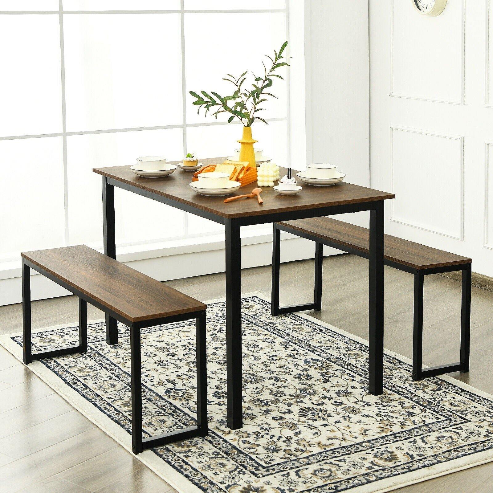3-Piece Dining Table Set with 2 Benches, Kitchen Bench Table Set - Giantexus