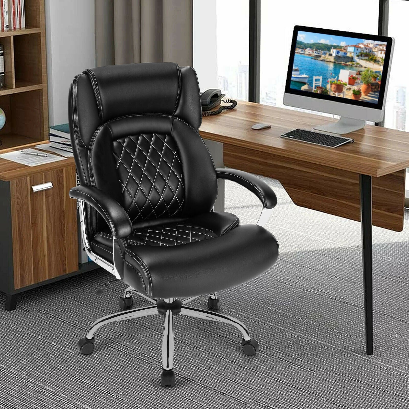 500LBS Leather Office Chair, Height Adjustable Big and Tall Executive Chair - Giantexus