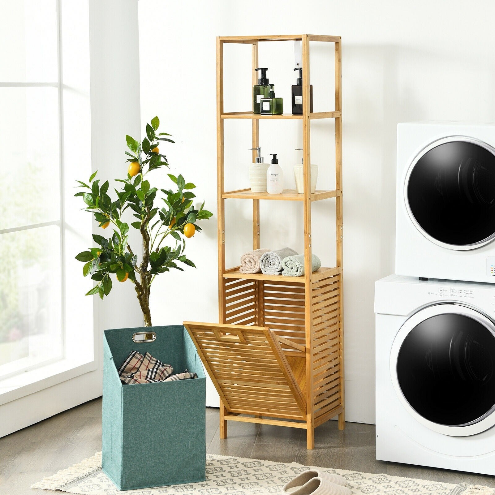 63" Tilt Out Laundry Hamper and 4-Tier Storage Shelves