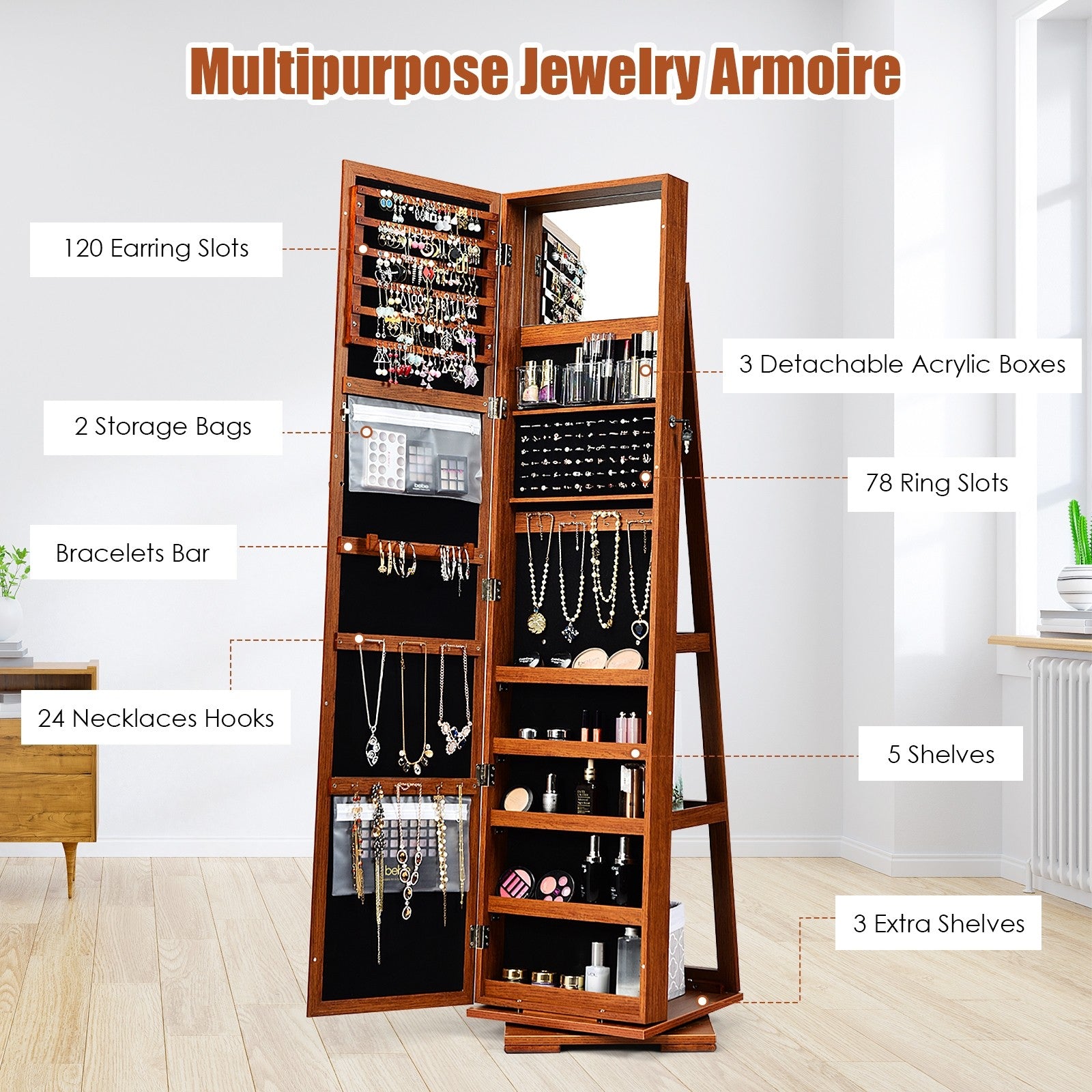 CHARMAID | 360?? Rotating Jewelry Armoire with Higher Full Length Mirror - Giantexus