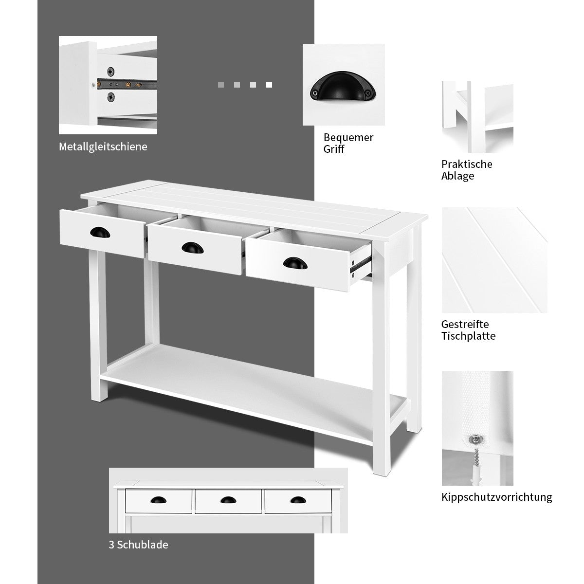 Console Sofa Table with 3 Drawers, Sofa Side Table with Shelf