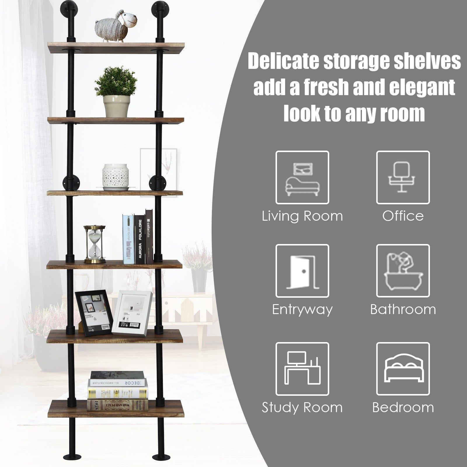 6 Tier Industrial Pipe Shelves with Wood - Giantexus