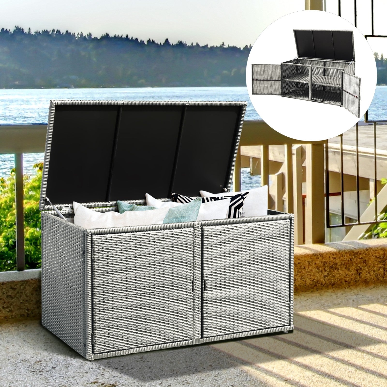 Rattan Deck Box Outdoor&Indoor 88 Gallon Wicker Storage Bench W/Separate Storage Shelf