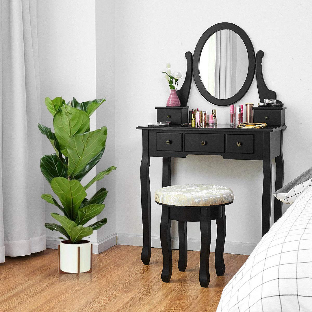 Giantex  Round 360 Degree Rotation Swivel Mirror Dressing Table Stool Wooden Vanity Set (Black with 5 Drawer)