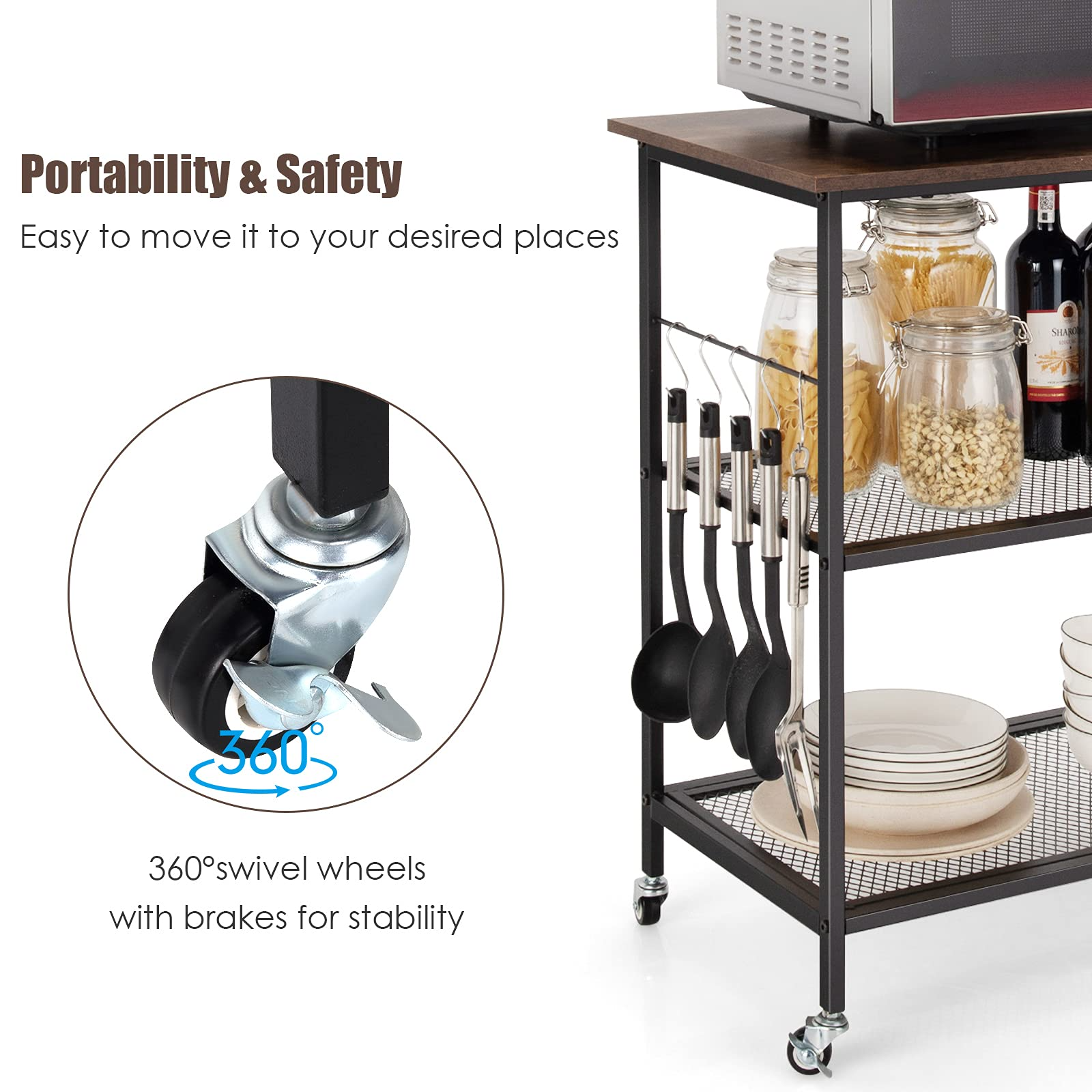 Giantex 3 Tier Kitchen Bake's Rack, Rolling Microwave Cart, Industrial Bar Service Cart
