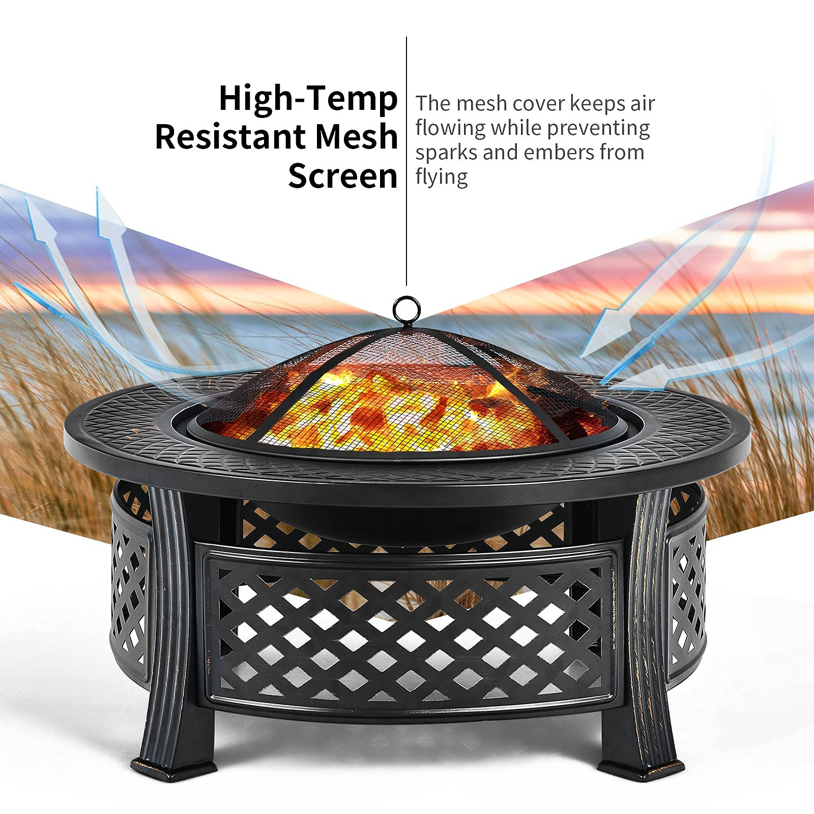 Giantex 32" Fire Pit, 3 in 1 Round Log Burner w/ High-Temp Resistance Finish