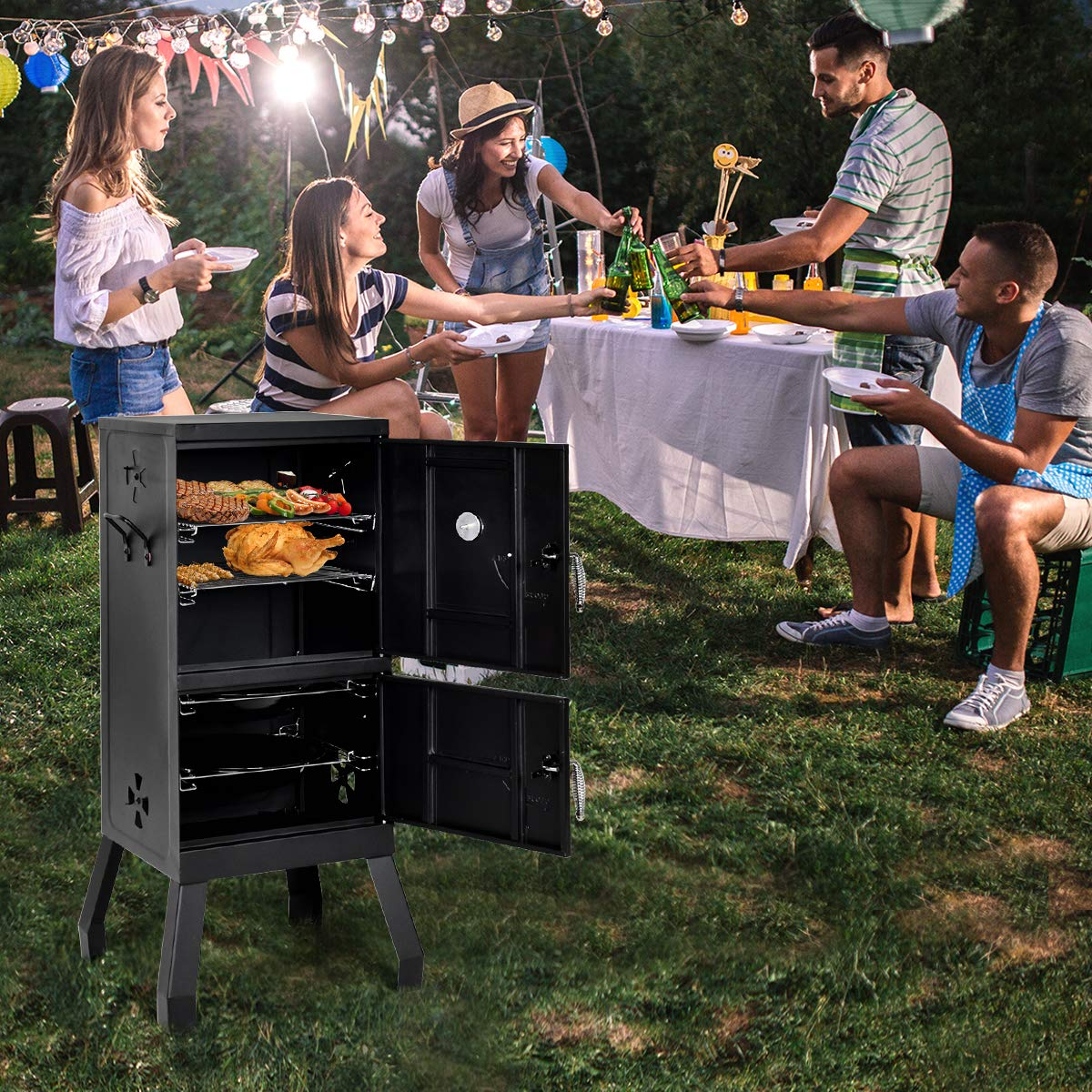 Giantex Outdoor Smoker with Double Doors, 2 Detachable Grill Netting Smoking Racks