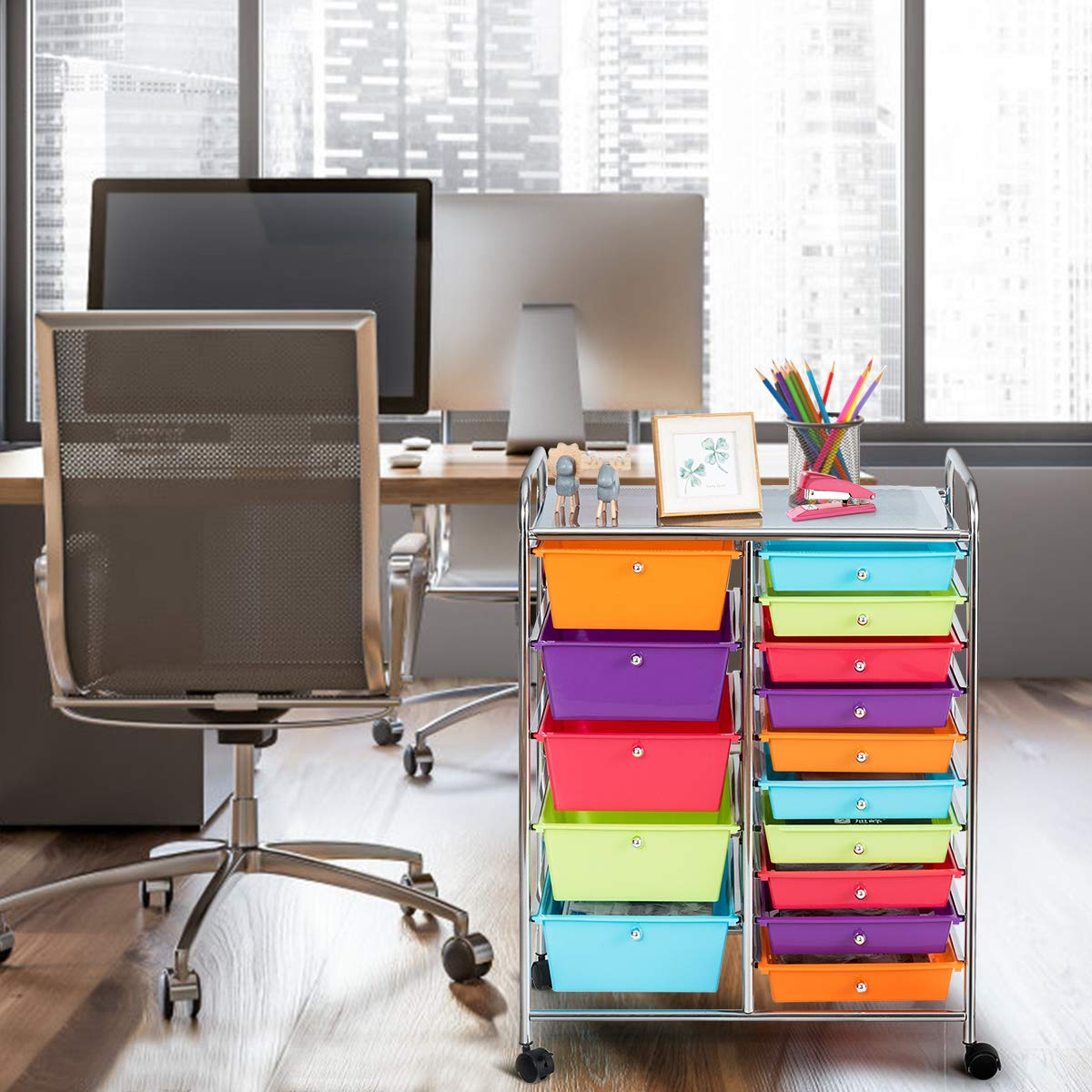 Easyfashion 15 Drawer Rolling Storage Mobile Storage Trolley Home Office Organizer, Multi-Color
