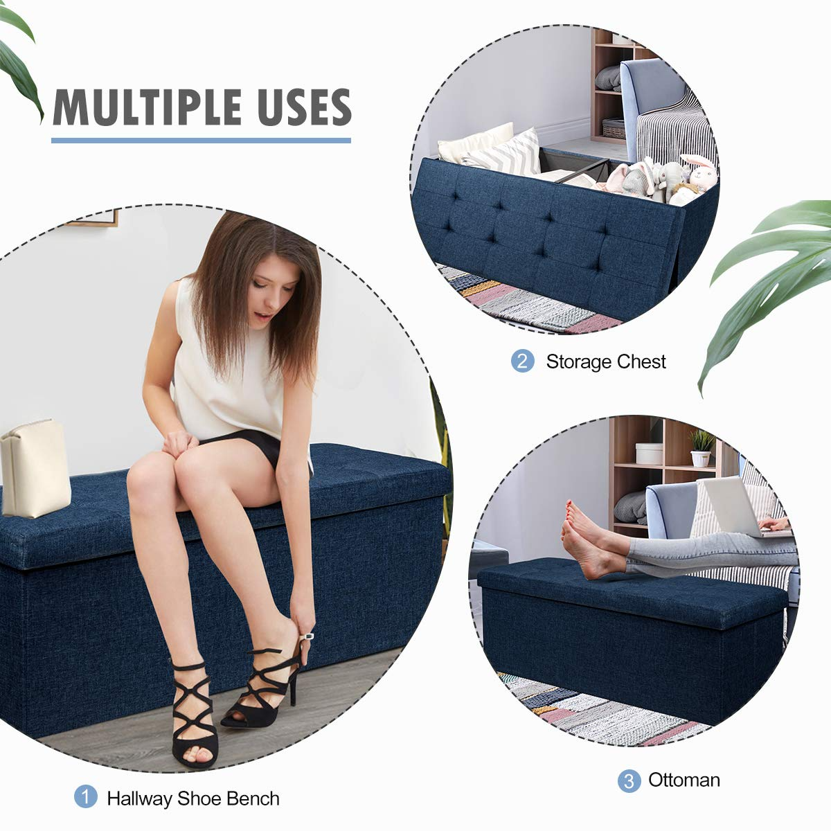 Storage Ottoman Bench, Folding Foot Rest 43.5'' with Divider