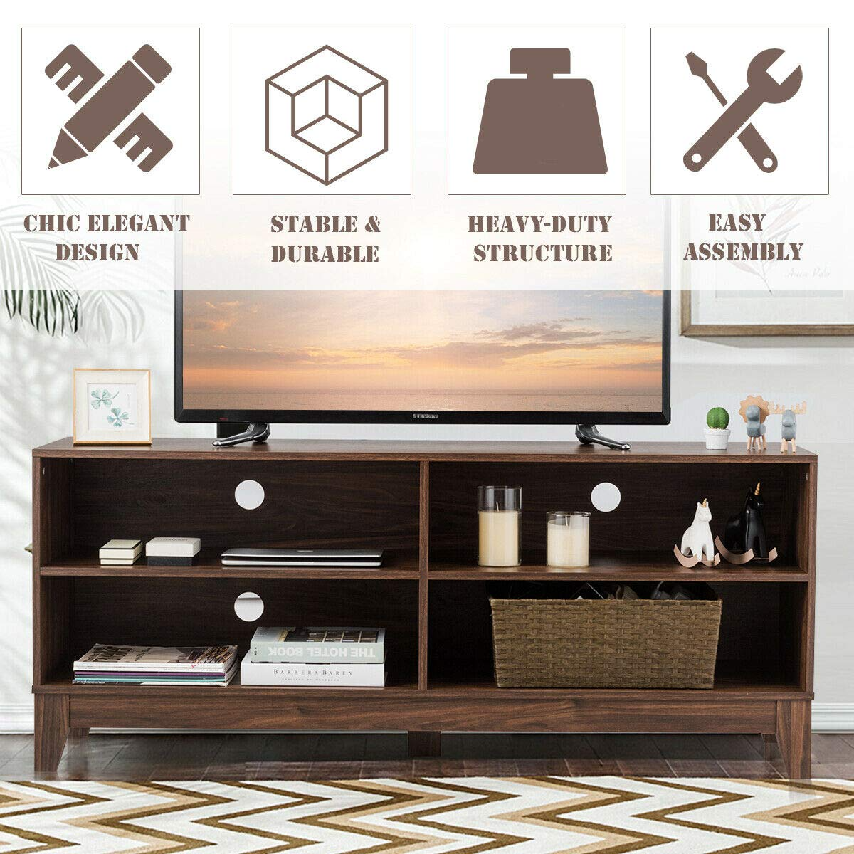 Giantex TV Stand Console Table Cabinet for 60" TV, Large Storage for Living Recreation Room W/ 4 Open Shelves