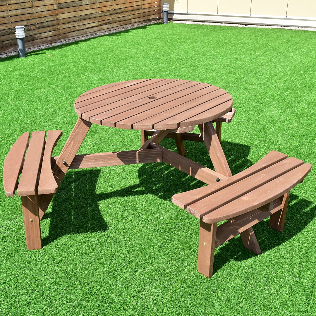 Giantex 6 Person Wooden Picnic Table Set with Wood Bench, Dark Brown