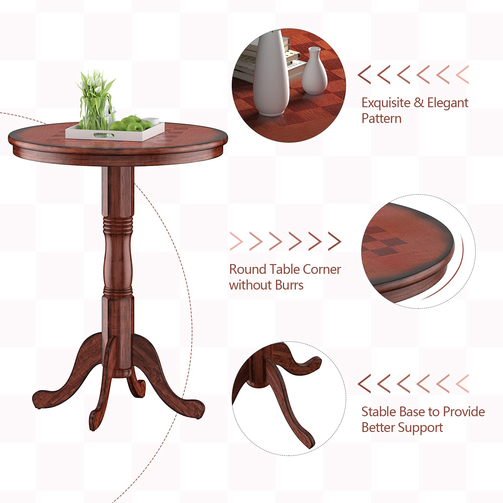 Giantex 3 Pcs Pub Table Set, Wooden Pub Pedestal Side Table w/Stable Base