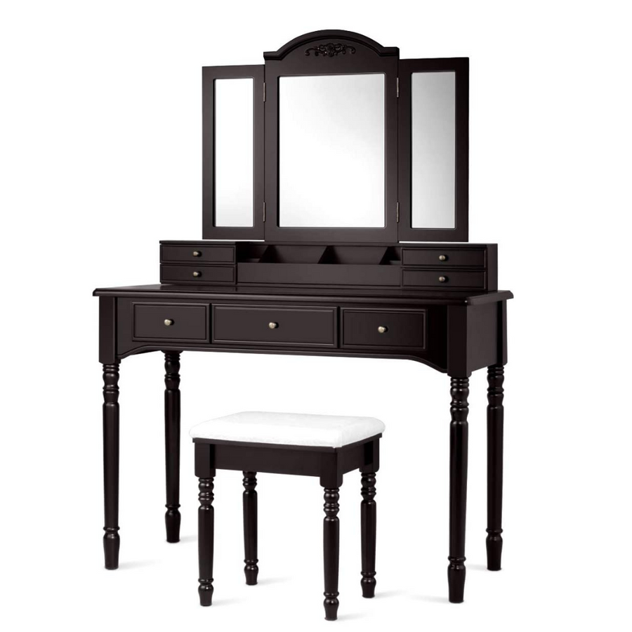 Vanity Set with Tri-Folding Mirror & 8 Necklace Hooks, 7 Drawers, 2 Dividers, 6 Desktop Makeup Organizers - Giantexus