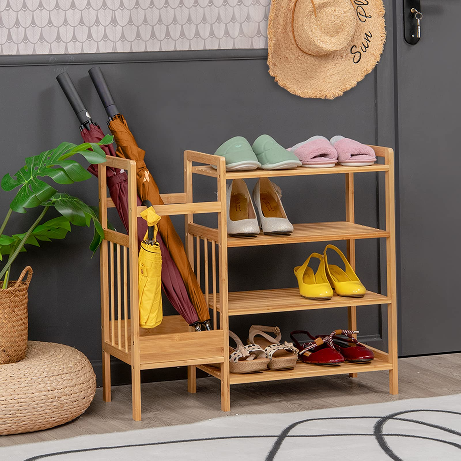 Giantex 4-Tier Bamboo Shoe Rack, Multifunctional Storage Stand, Entryway Organizer w/ Umbrella Holder & Storage Shelves