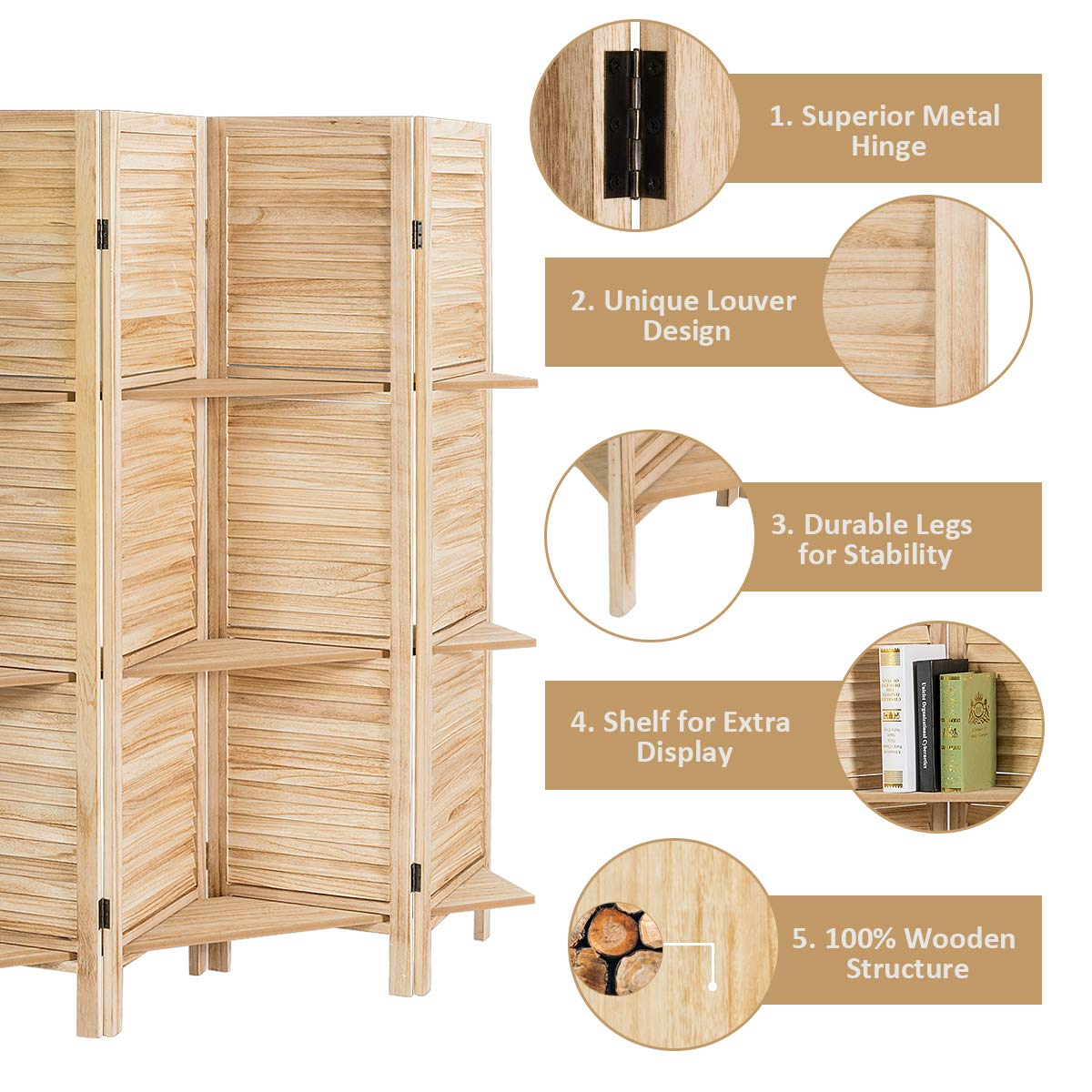 Giantex 4 Panel 5.6 Ft Tall Wood Room Divider