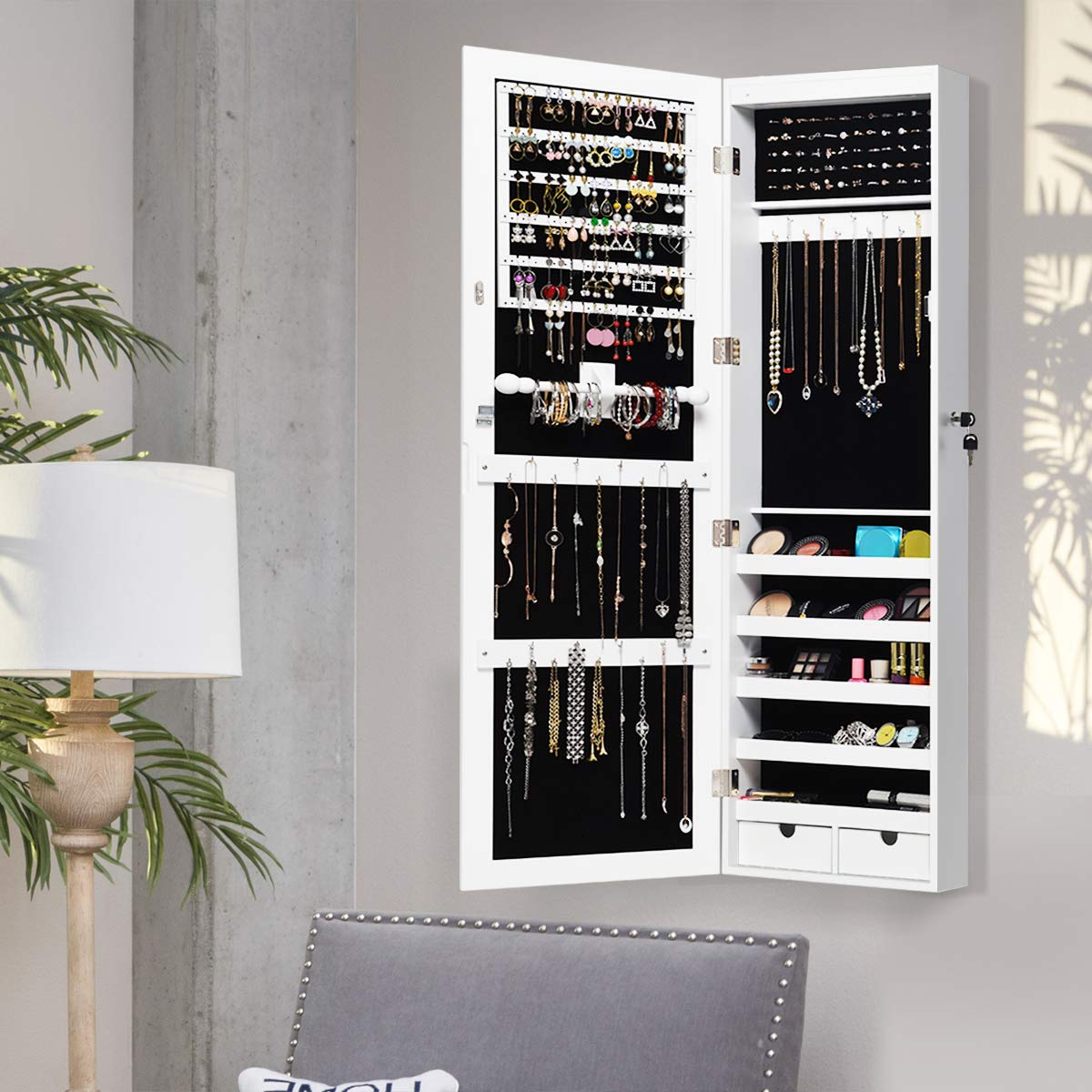 Wall Door Mount Jewelry Armoire Cabinet with 15 LED Lights - Giantex