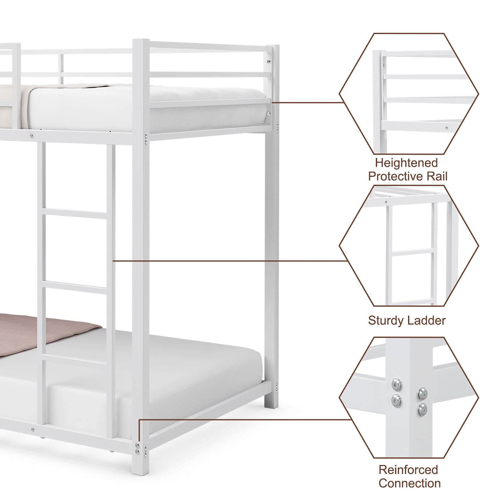 Classic Bunk Bed Frame with Safety Guard Rails & Side Ladder