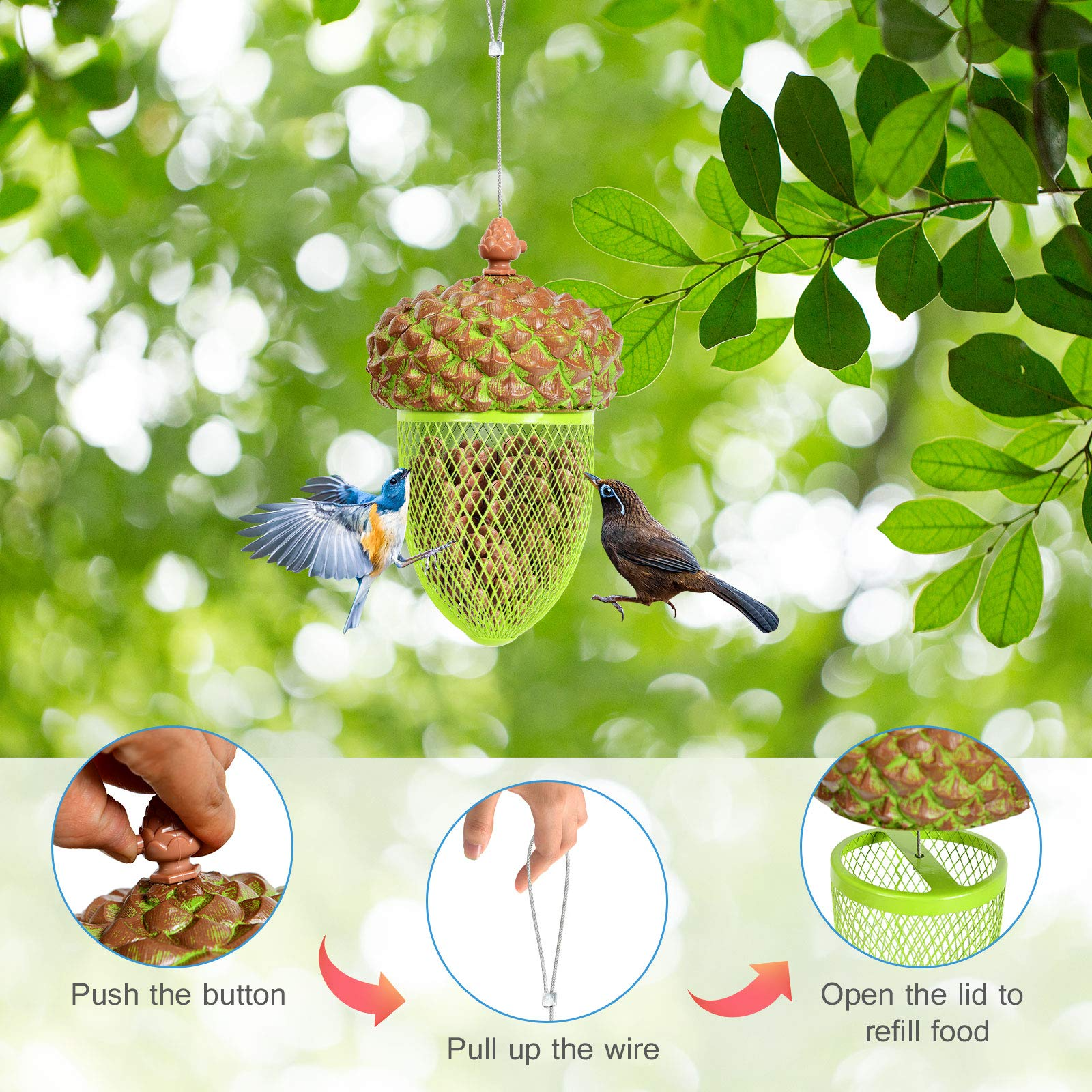 Giantex Metal Acorn Bird Feeder, Outdoor Hanging Food Dispenser with Stainless Steel Wire and Iron Grid