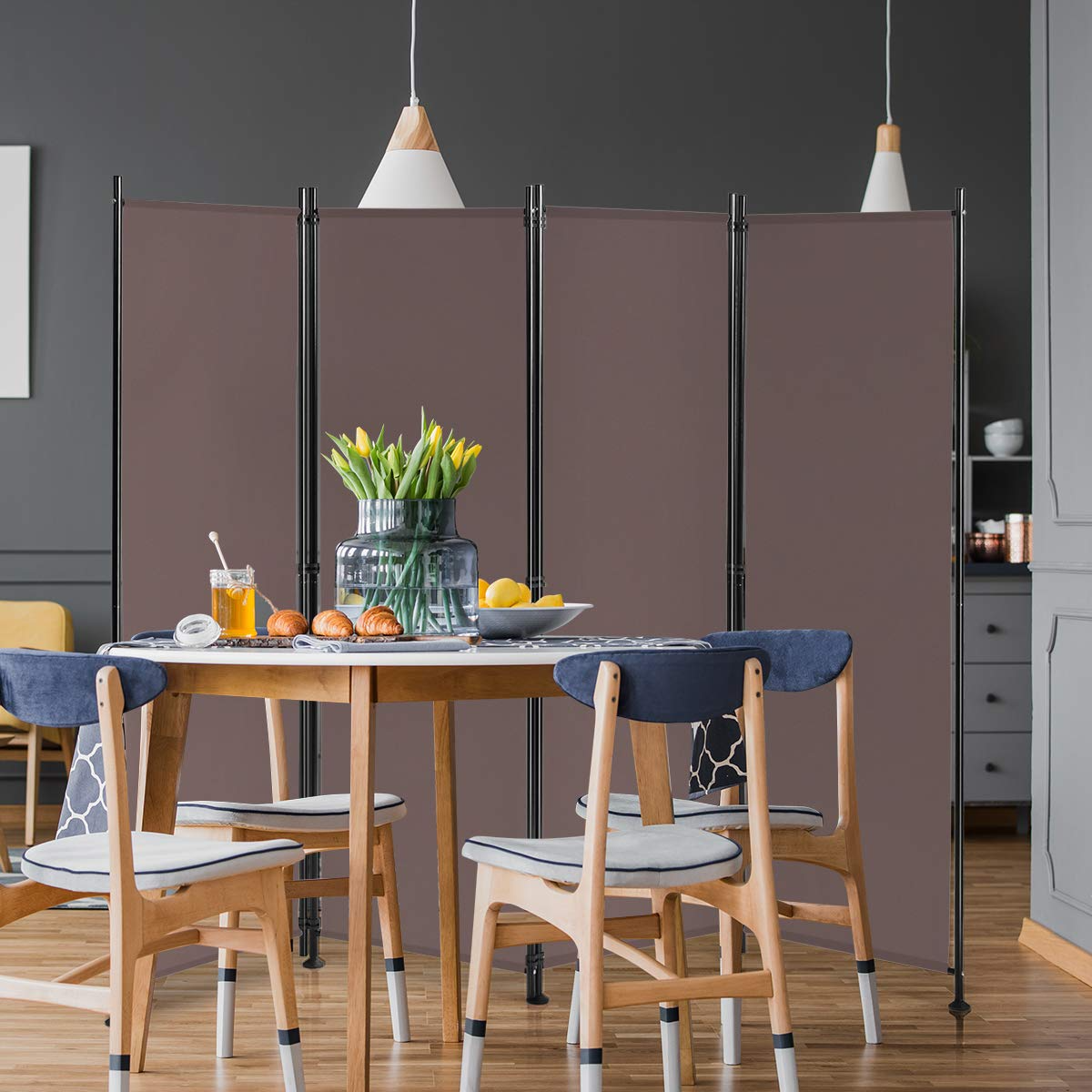 Giantex 4 Panel Room Divider, 5.6 Ft Folding Privacy Screen with Adjustable Foot Pads (Coffee) - Giantexus
