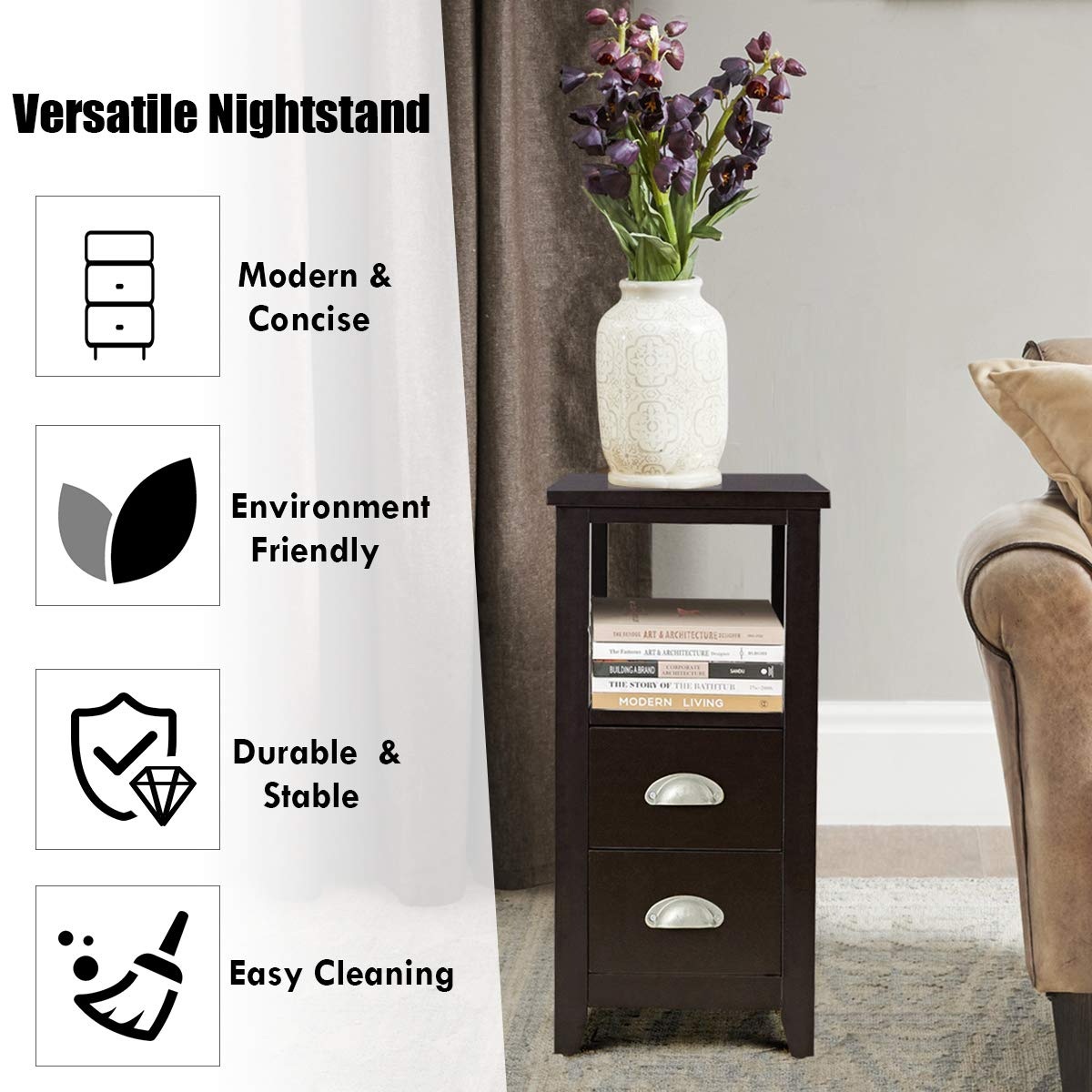 Giantex End Table Wooden W/ 2 Drawers and Shelf Space-Saving Rectangular Bedside Table