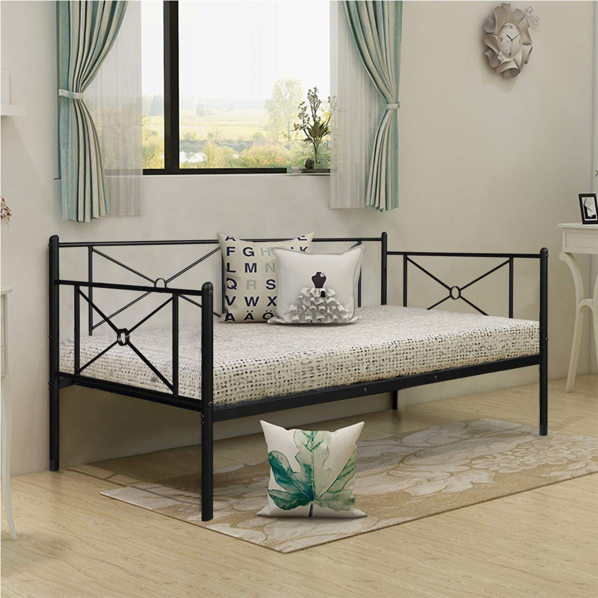 Easy Assembly Victorian Style Metal Daybed Twin Bed Frame w/ Headboard