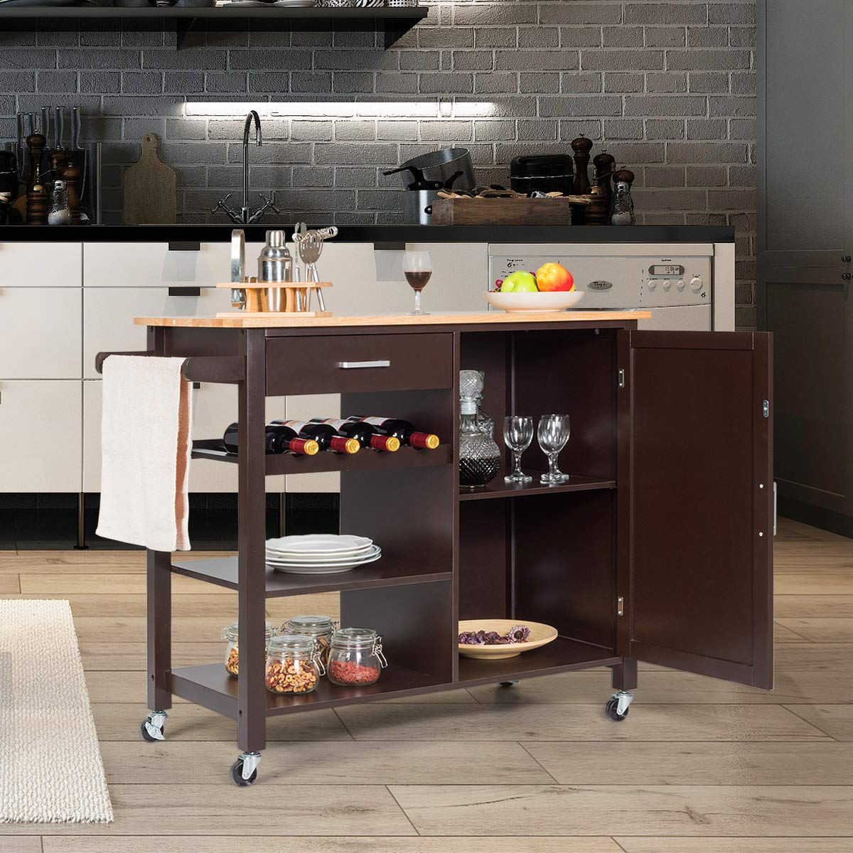 Giantex Kitchen Island Cart Rolling Serving Cart Wood Trolley, Brown