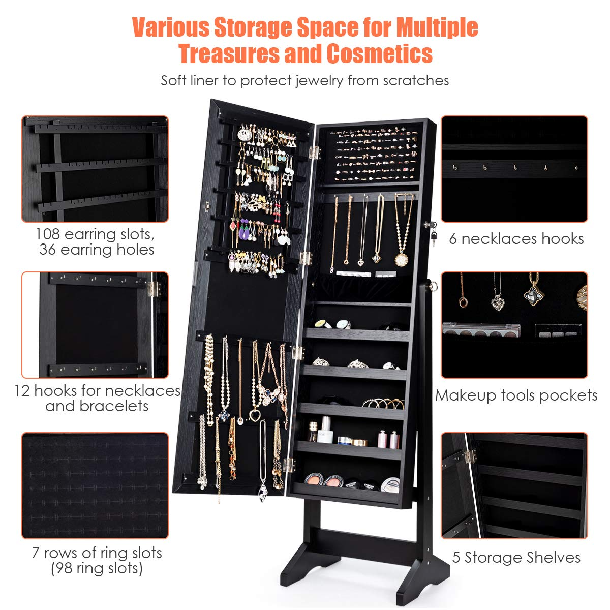 CHARMAID Freestanding Lockable Jewelry Organizer Box with Large Storage Capacity