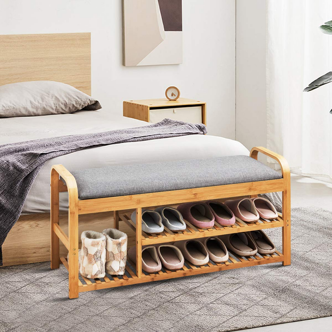 Giantex Shoe Rack Bench, Entryway 3-Tier Bamboo Shoe Organizer with Cushion (Natural and Grey)