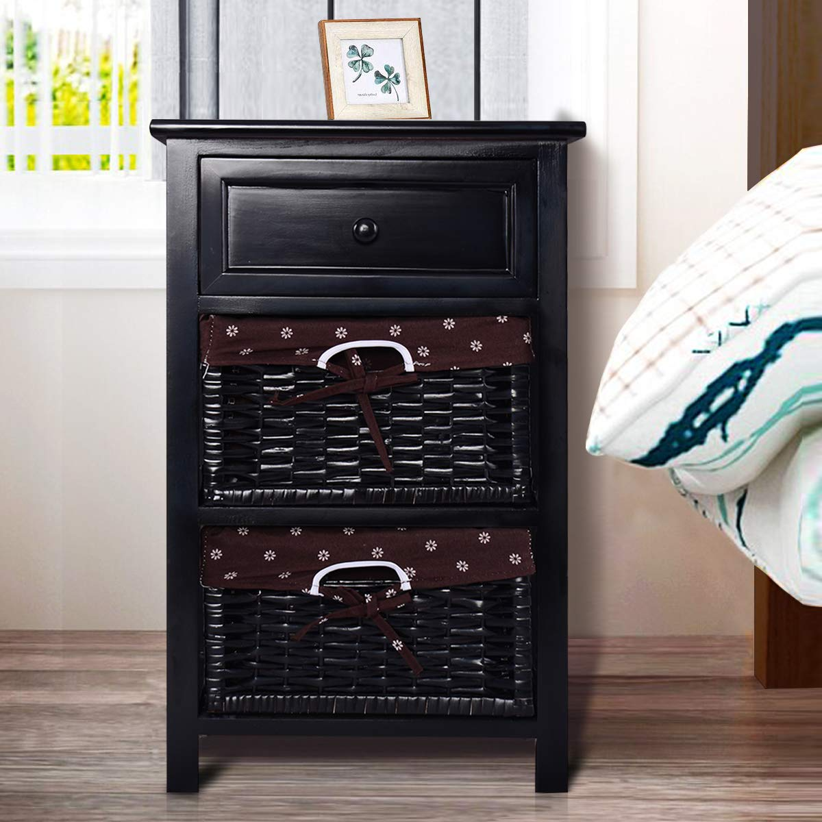 Giantex Wooden Nightstand 3 Tiers W/ 2 Baskets and 1 Drawer Bedside Sofa Storage Organizer