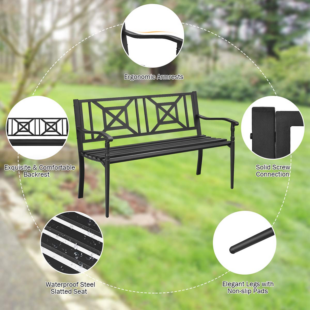 Giantex Elegant Loveseat w/Decorative Backrest & Ergonomic Armrest for Outdoor Garden, Backyard, Lawn, Porch, Path (Black)