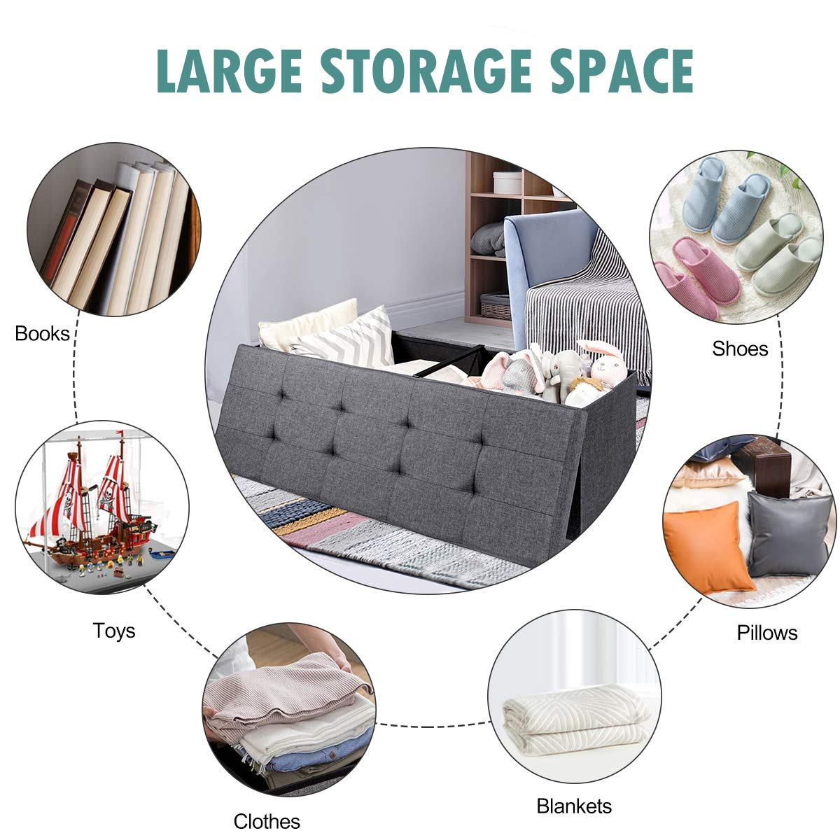 Storage Ottoman Bench, Folding Foot Rest 43.5'' with Divider