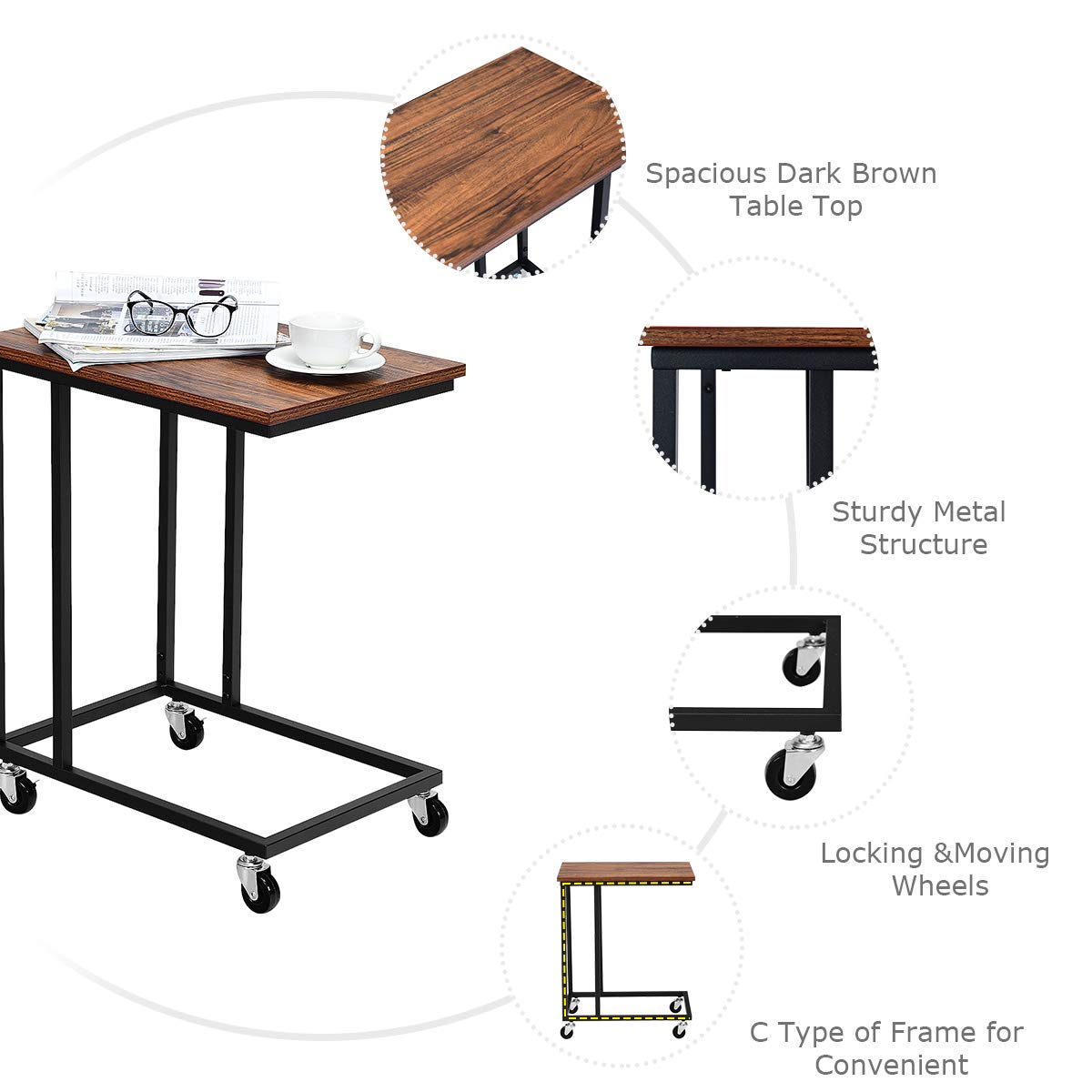 Giantex End Table Accent Sofa Side Table Wooden Rectangle Telephone Table with Rolling Casters