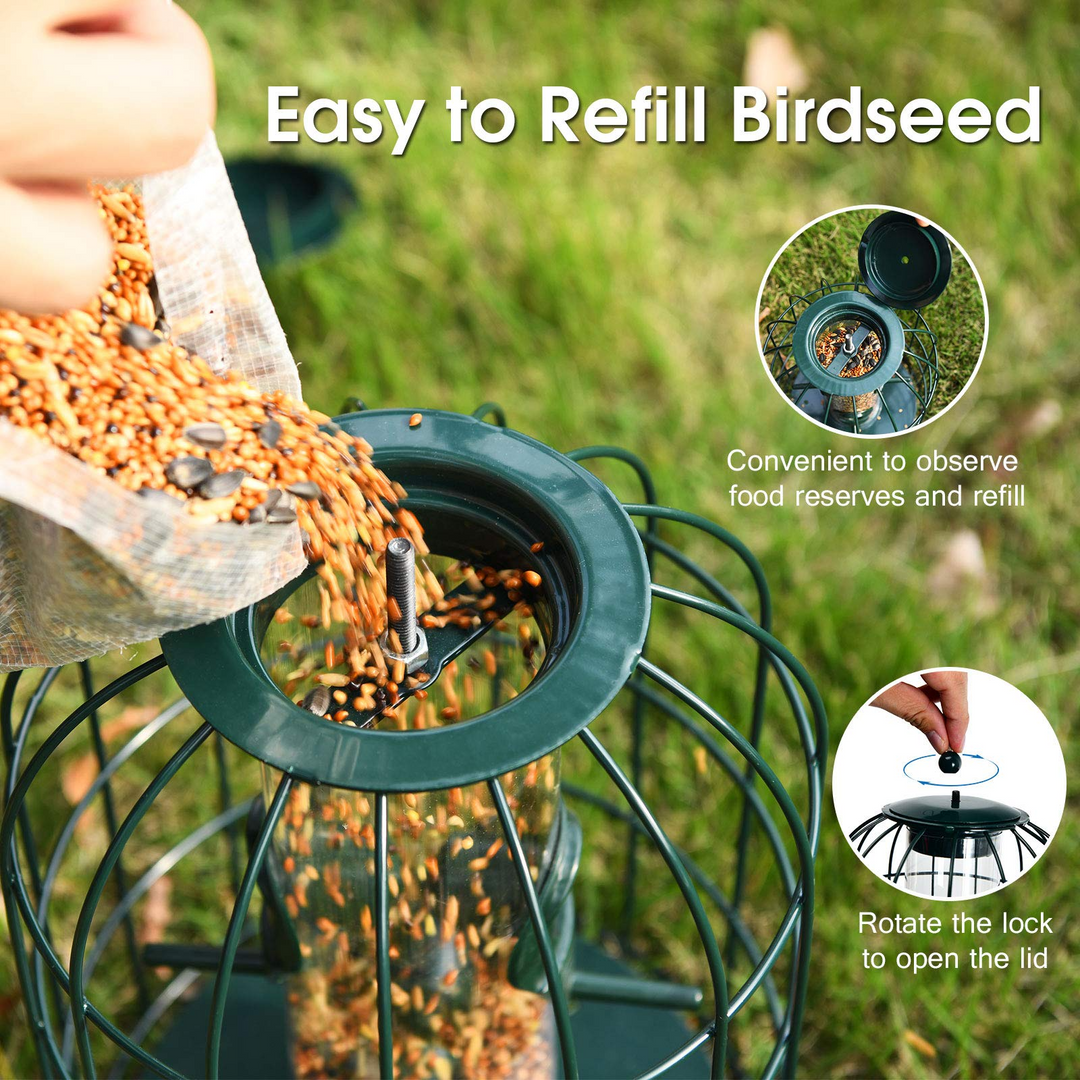 Giantex Metal Hanging Bird Feeder, Outdoor Squirrel-Proof Bird Feeder Cage with 4 Feeding Ports, Transparent PC Tube