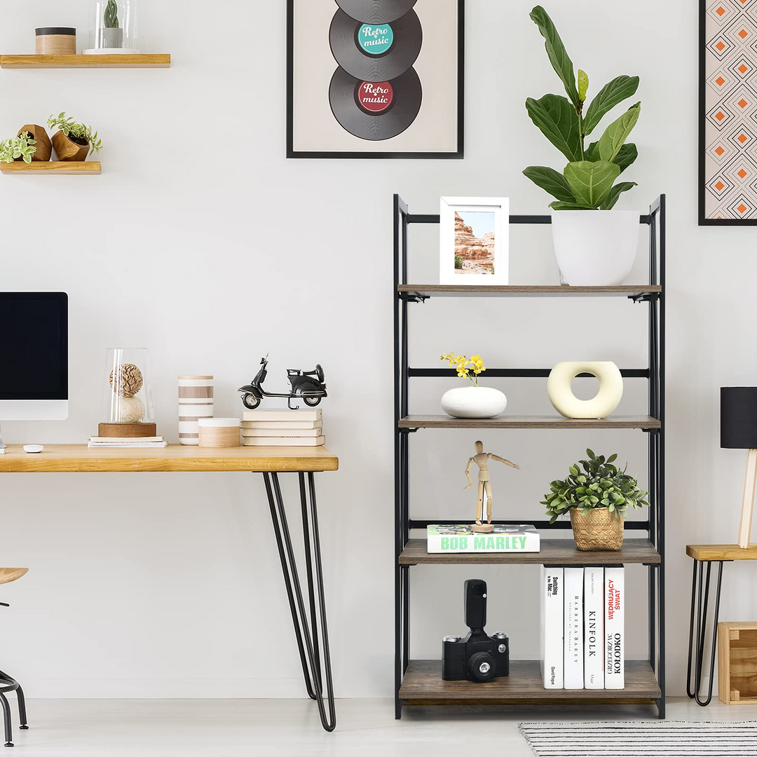 Giantex 4-Tier Bookshelf, No-Assembly Folding Industrial Storage Shelves w/ Anti-Tipping Wall Bolt