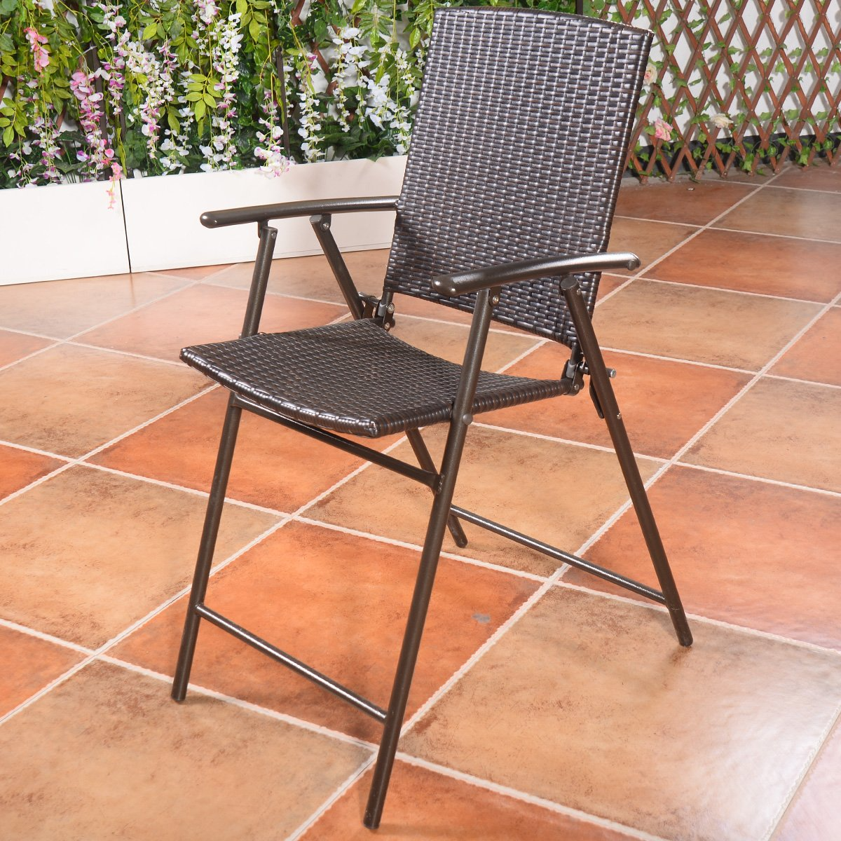 Giantex Folding Wicker Rattan Bar Chairs Tall Stool with Back Steel Frame