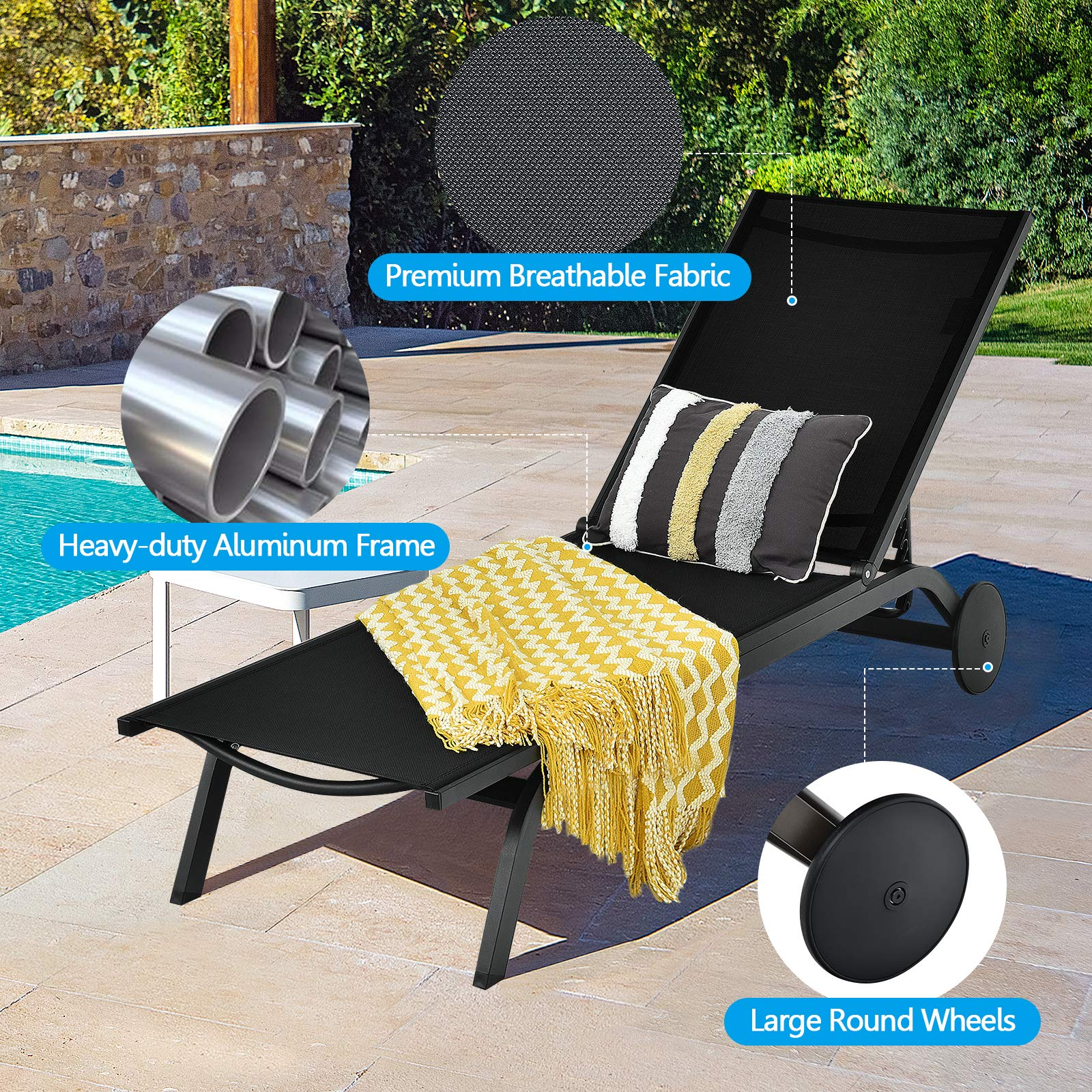 Giantex Lounge Chairs for Outside Patio Chaise Lounges Aluminum Recliner W/Adjustable 6 Backrest Positions and Wheels