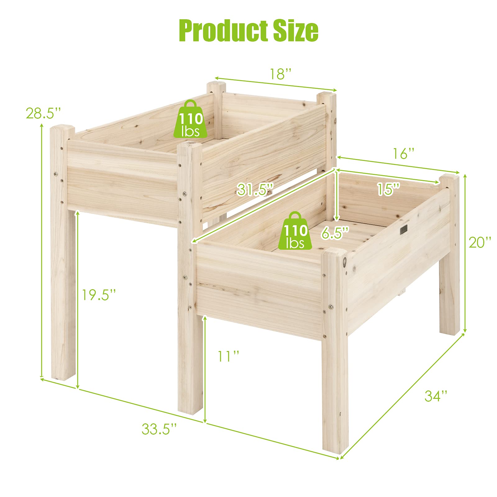 Set of 2 Raised Garden Bed, 34" x 33.5" x 28.5" (L x W x H)