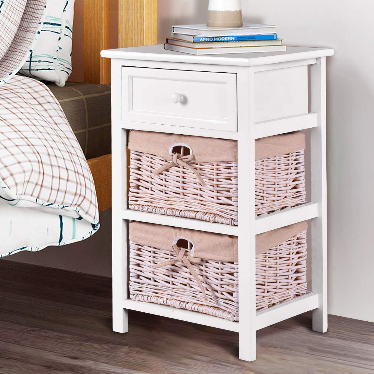 Giantex Wooden Nightstand 3 Tiers W/ 2 Baskets and 1 Drawer Bedside Sofa Storage Organizer