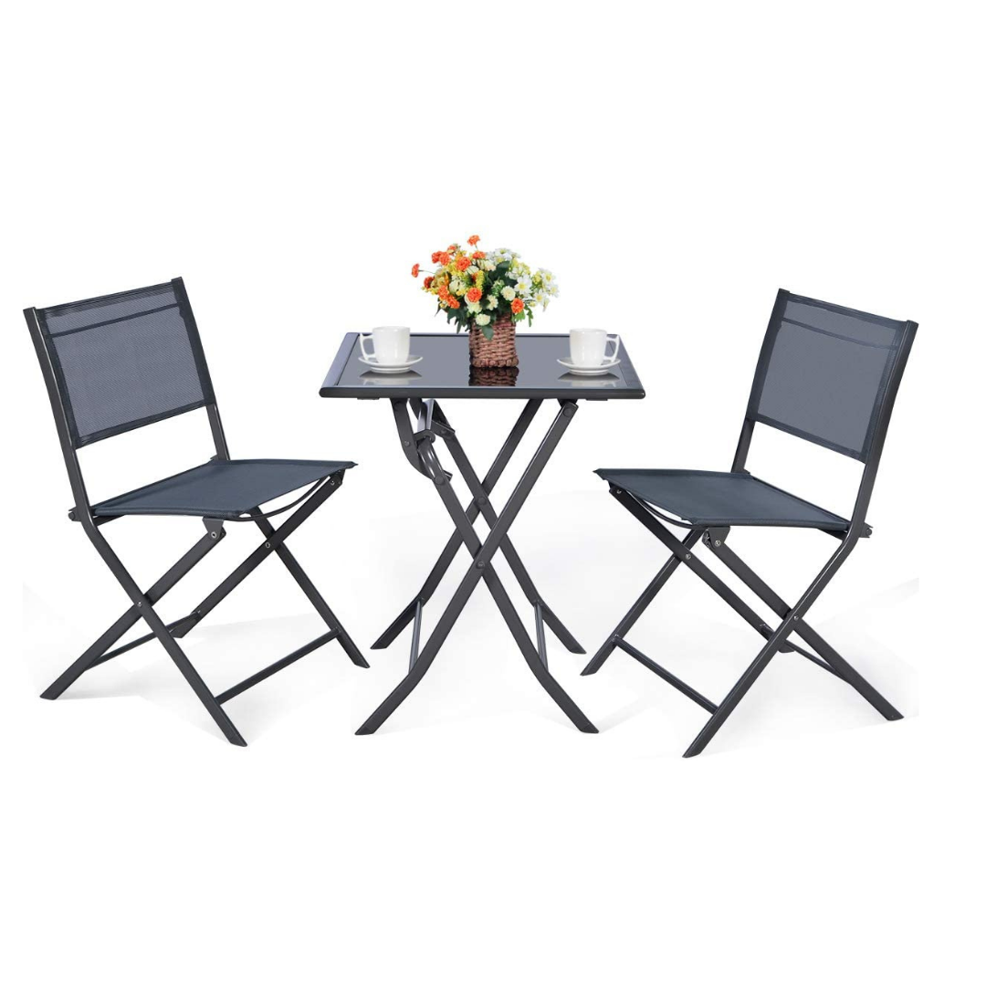 Giantex Metal Patio Dining Table and 2 Chairs, 3 Pieces Portable Patio Bistro Set for Garden Backyard Lawn
