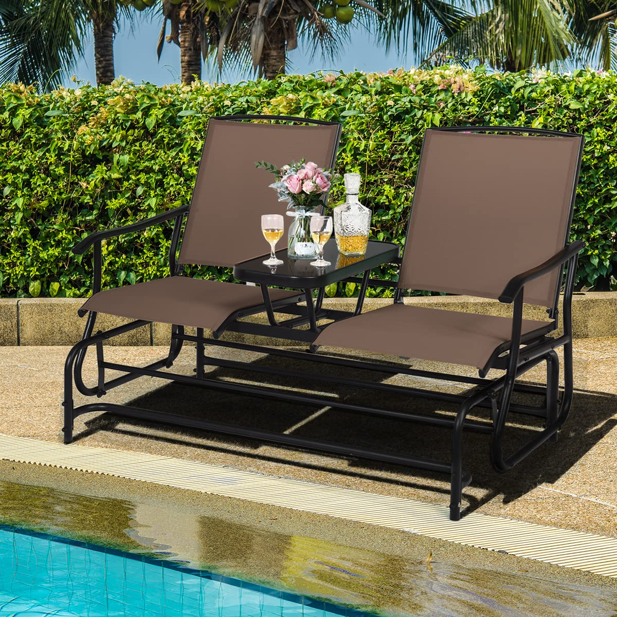 Giantex 2 Person Outdoor Double Glider Chair, Mesh Fabric Rocking Chair w/Center Tempered Glass Table