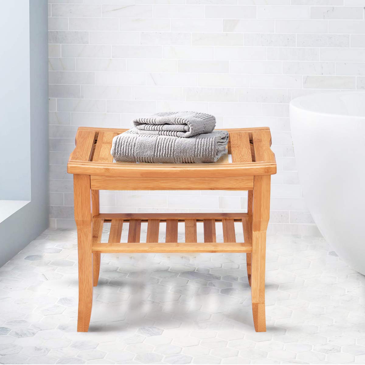Bamboo Shower Bench Seat with Storage Shelf - Giantexus