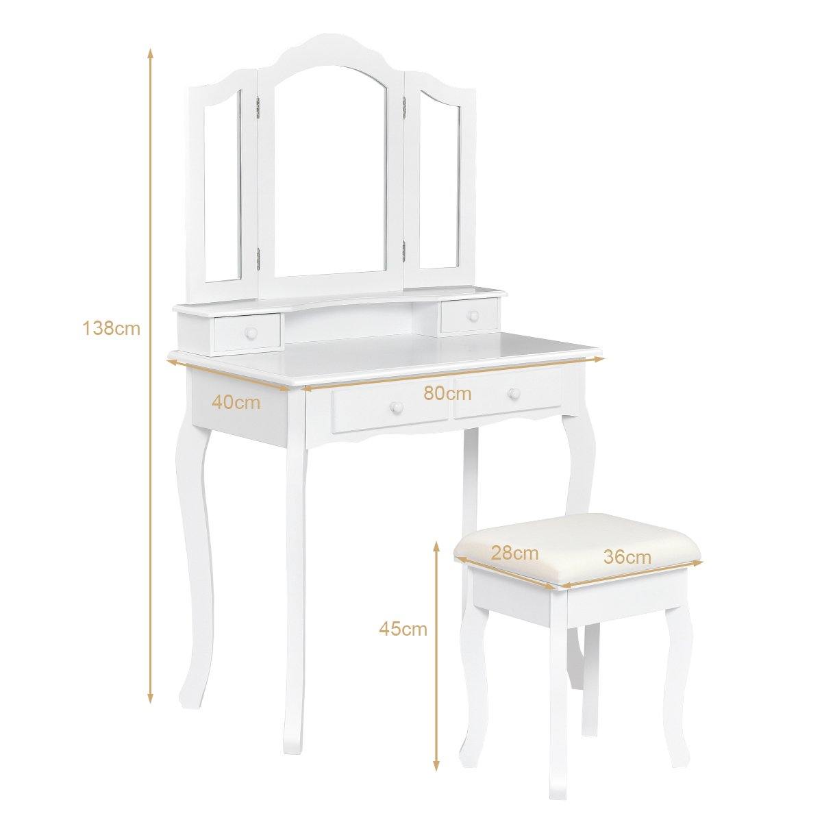 Vanity Table Set with Tri-Folding Mirror and 4 Drawers - Giantexus