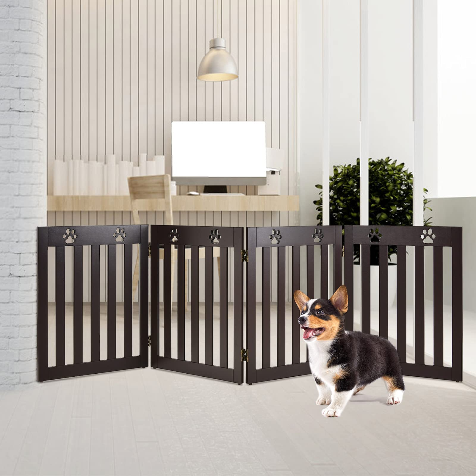 Giantex Wooden Freestanding Pet Gate, 4 Panel-24 inch Height Step Over Fence
