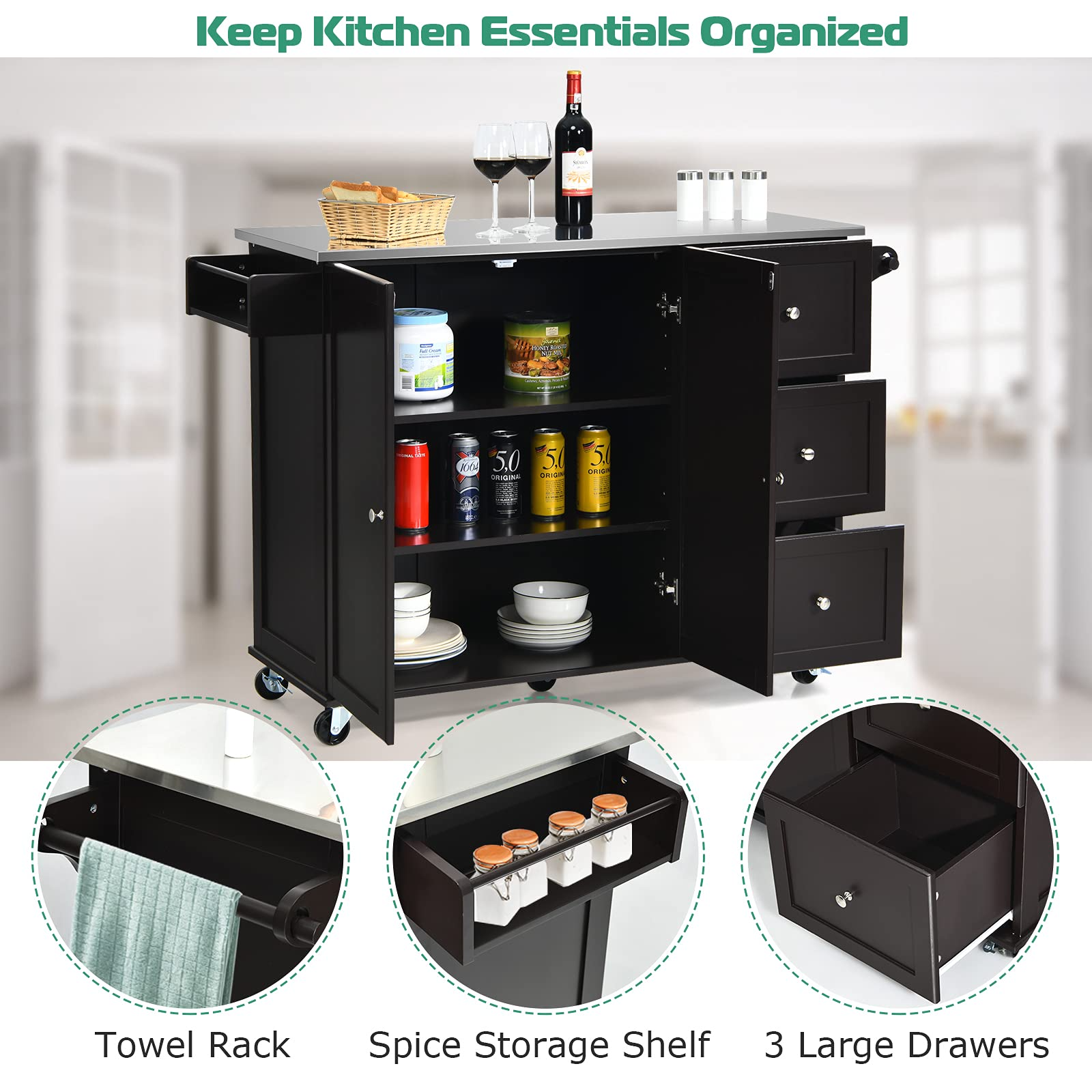 Giantex Kitchen Island with Stainless Steel Countertop, Dark Brown