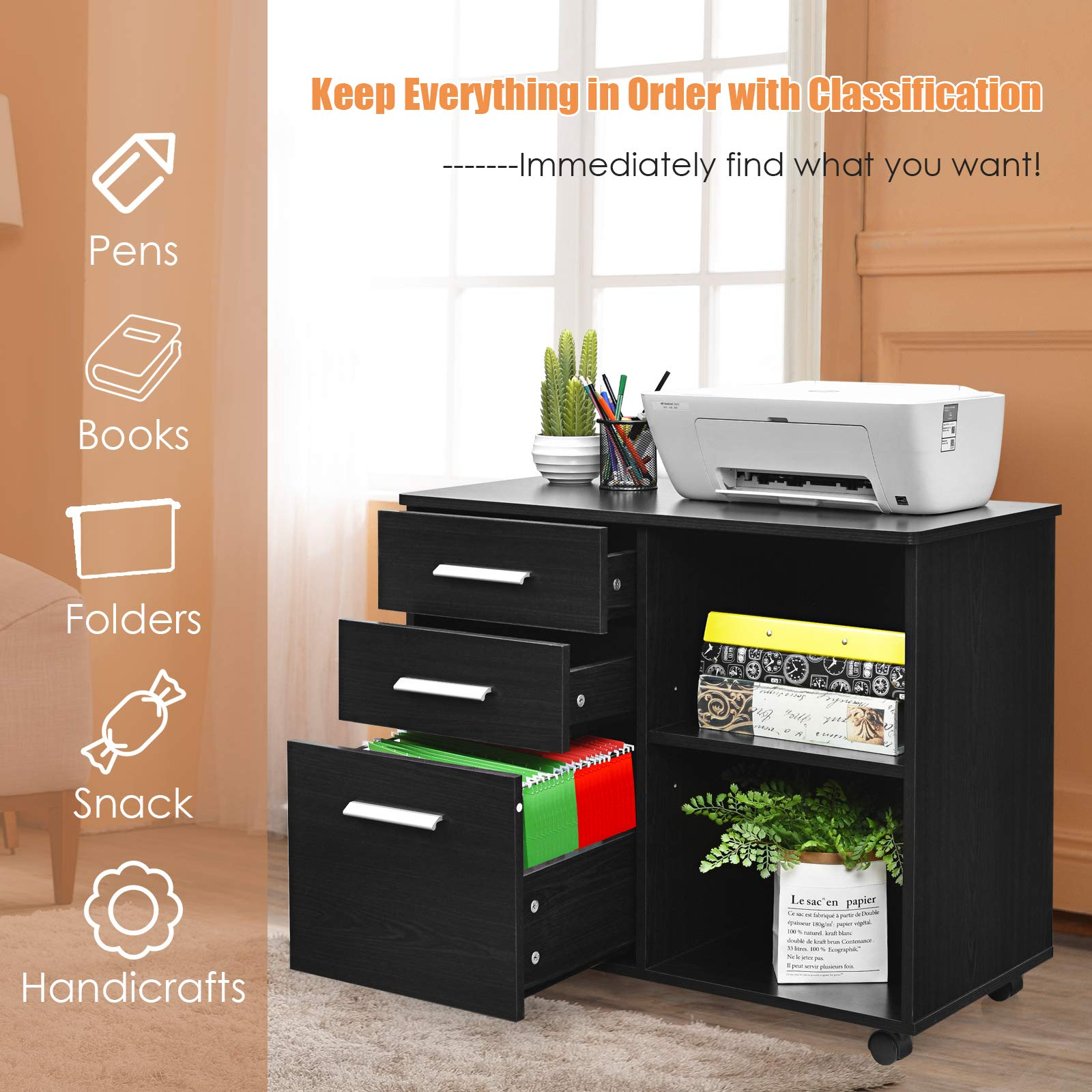 3-Drawer File Cabinet | Mobile Lateral Filing Cabinet with Wheels