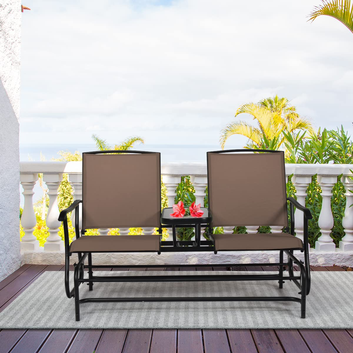 Giantex 2 Person Outdoor Double Glider Chair, Mesh Fabric Rocking Chair w/Center Tempered Glass Table